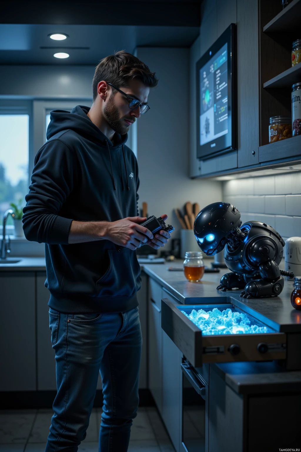 A man in a hoodie interacts with a small robot in a modern kitchen.