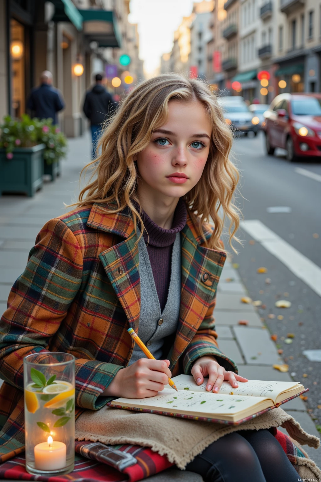 A young person sits on a bench in an urban setting, writing in a notebook with a pencil.