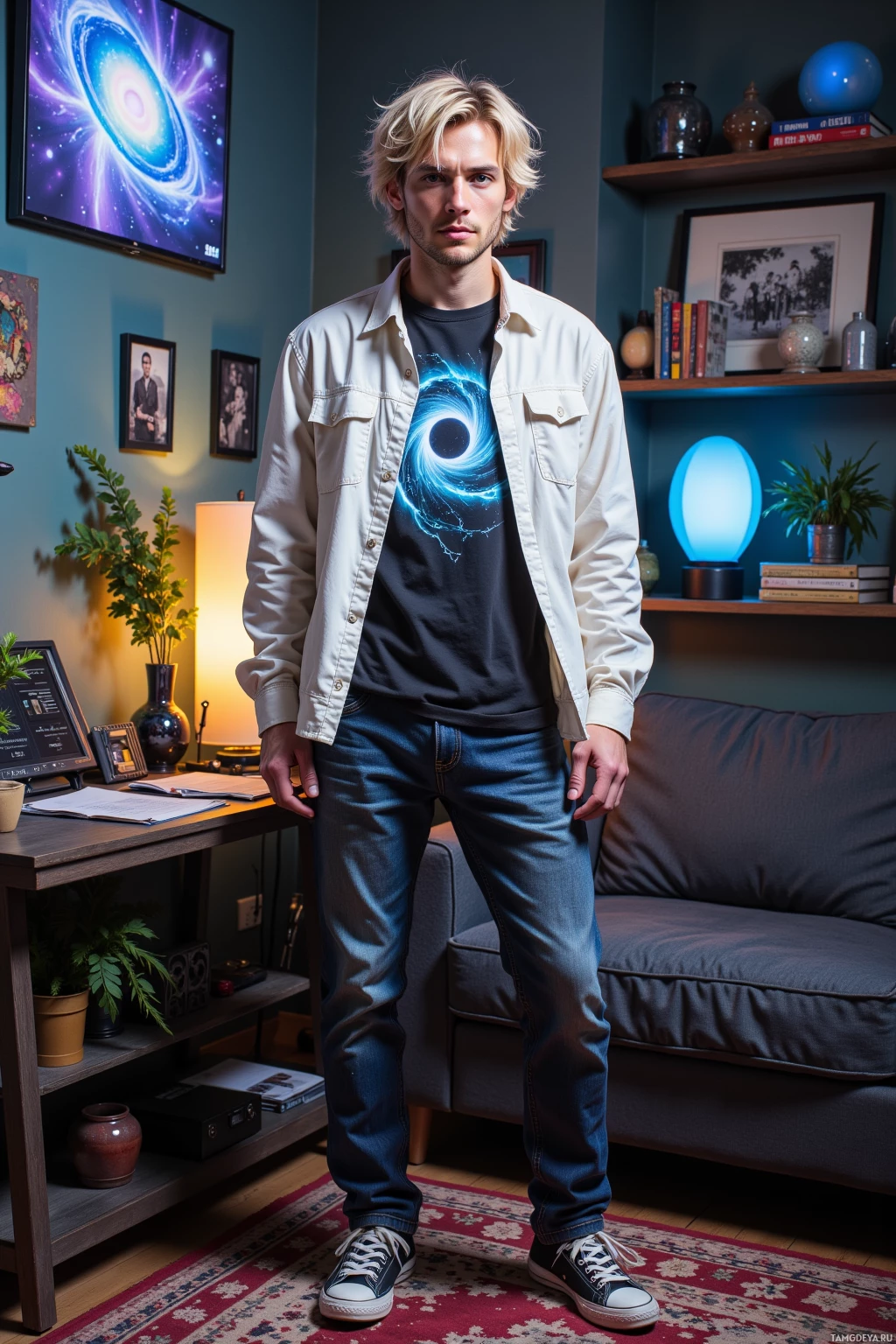 A person stands in a cozy room wearing a white shirt over a graphic t-shirt and jeans, with a spiral galaxy poster on the wall behind them.