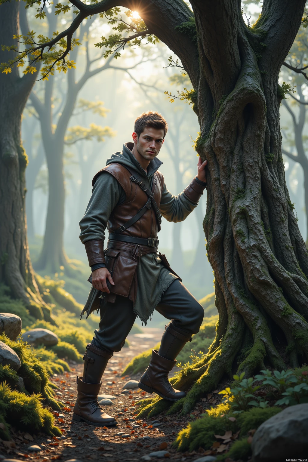 A man in a leather vest and boots stands in a forest, leaning against a tree.