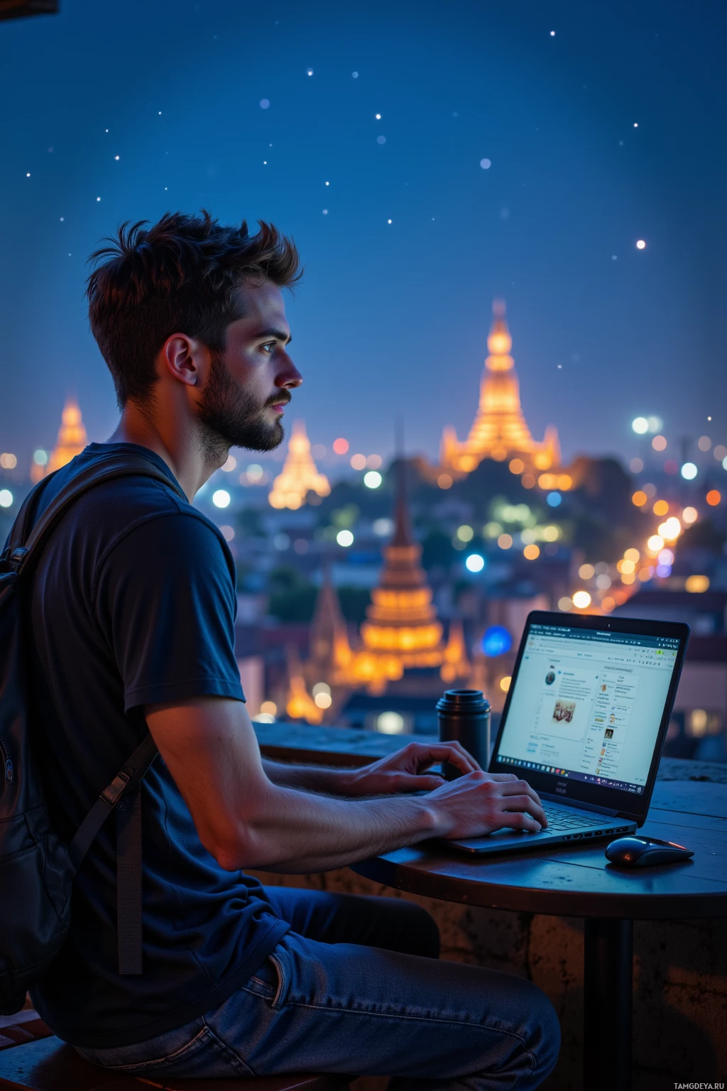 A man sits at a table at night, working on a laptop with a cityscape and illuminated temple in the background.
