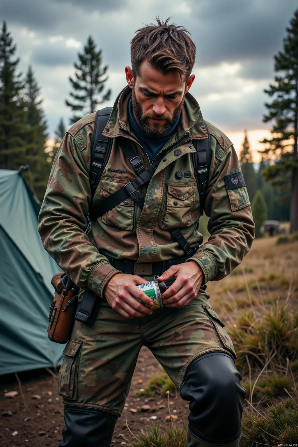 A man in camouflage outdoor gear is kneeling near a tent, holding a can.