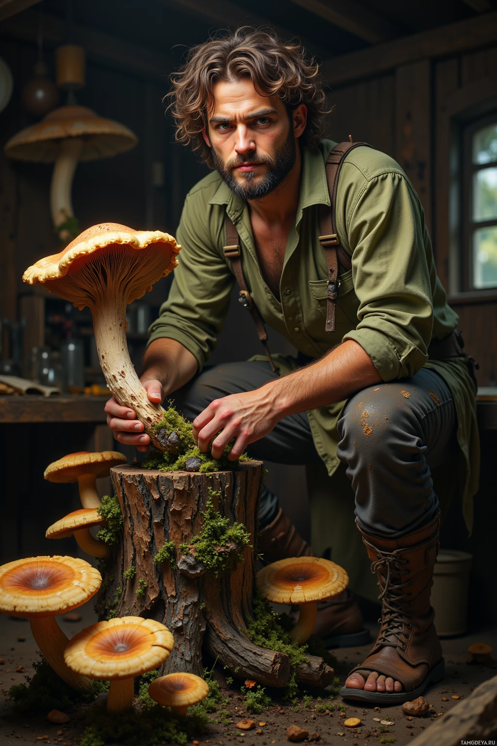 A man in a green shirt and boots is kneeling beside a tree stump with mushrooms growing around it.