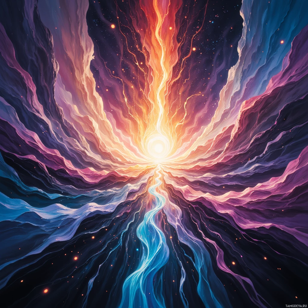 A vibrant cosmic scene with radiant light and flowing energy streams.
