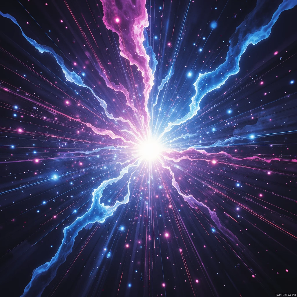 A vibrant cosmic scene with glowing lines and stars radiating outward.