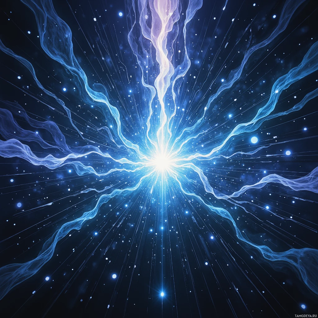 A cosmic scene with a bright, glowing center emitting light rays and ethereal blue lines against a starry background.
