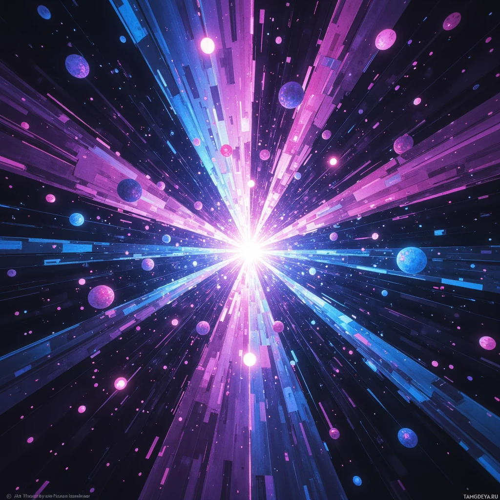 A vibrant cosmic scene with streaks of light and glowing spheres.