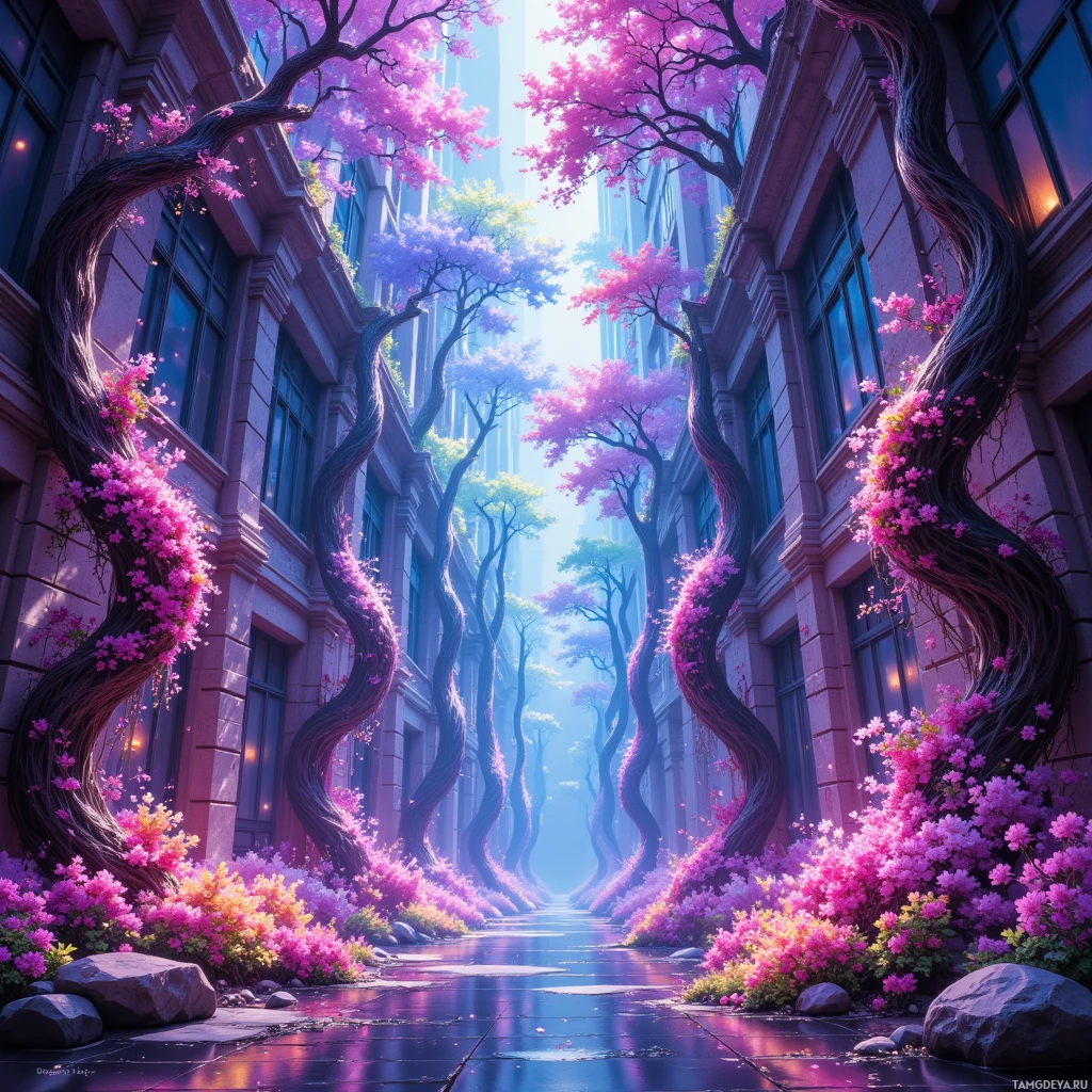 A whimsical alleyway lined with blooming pink trees and vibrant flowers, leading towards a bright, ethereal light.