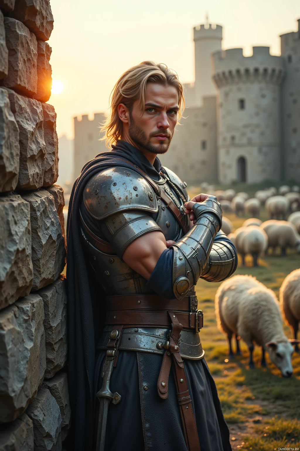 A knight in armor stands beside a stone wall, with sheep grazing in the background and a castle in the distance.