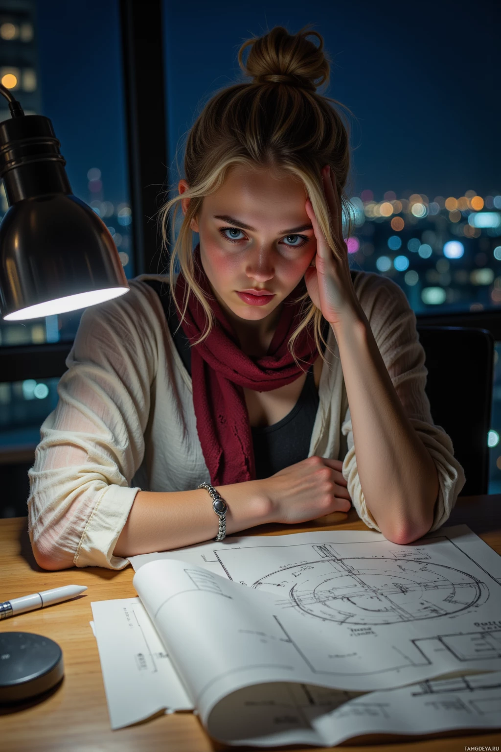 A woman sits at a desk with architectural blueprints, illuminated by a desk lamp, against a cityscape backdrop.