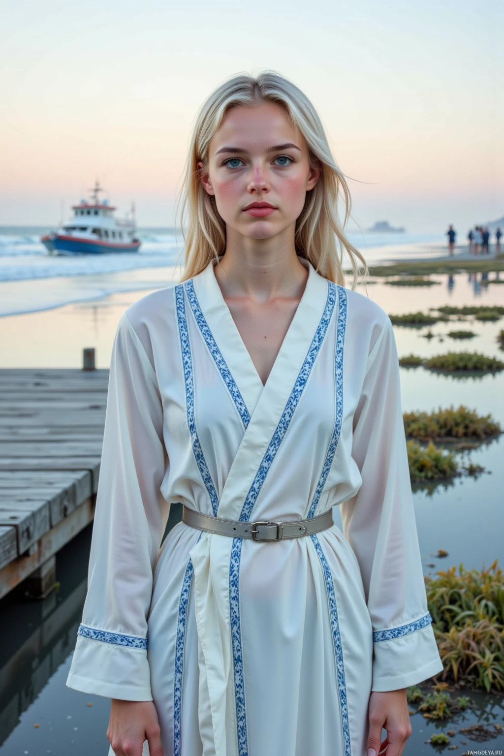 A person stands on a dock by the water, wearing a white robe with blue trim.