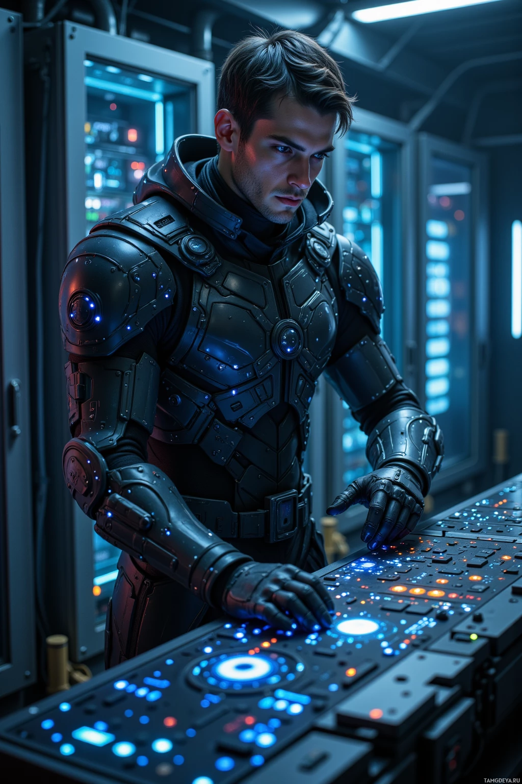 A person in futuristic armor operates a high-tech control panel in a dimly lit, high-tech environment.