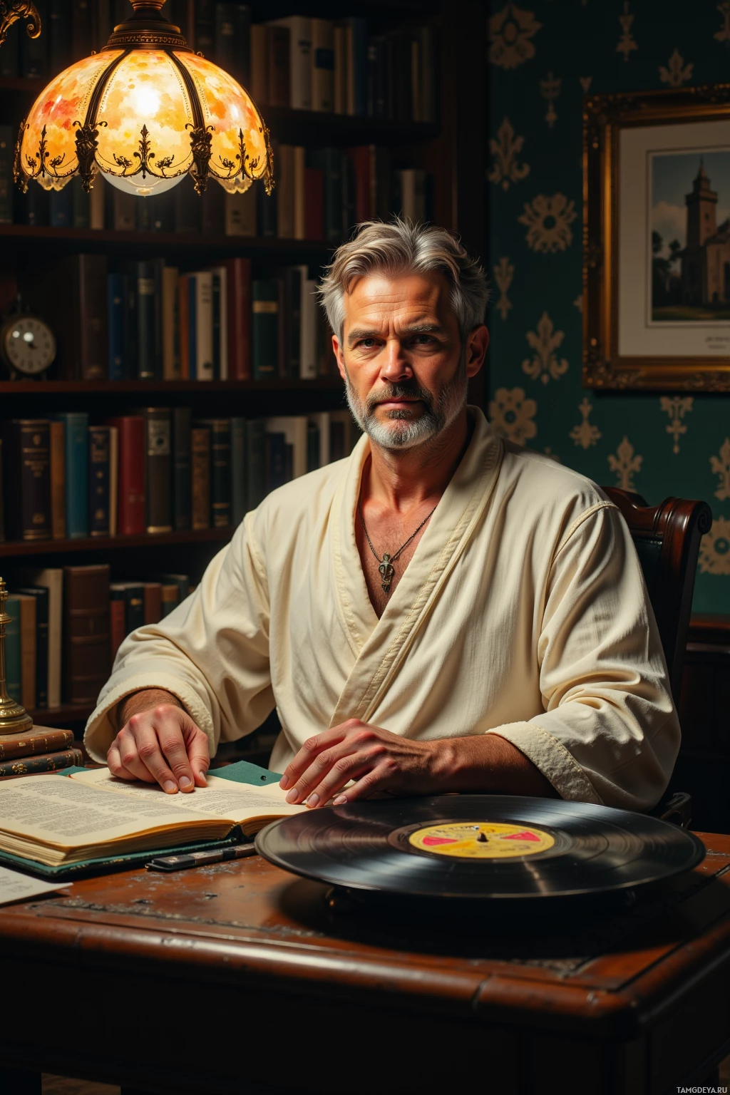 A man in a robe sits at a desk with a book and a record player, surrounded by books and vintage decor.
