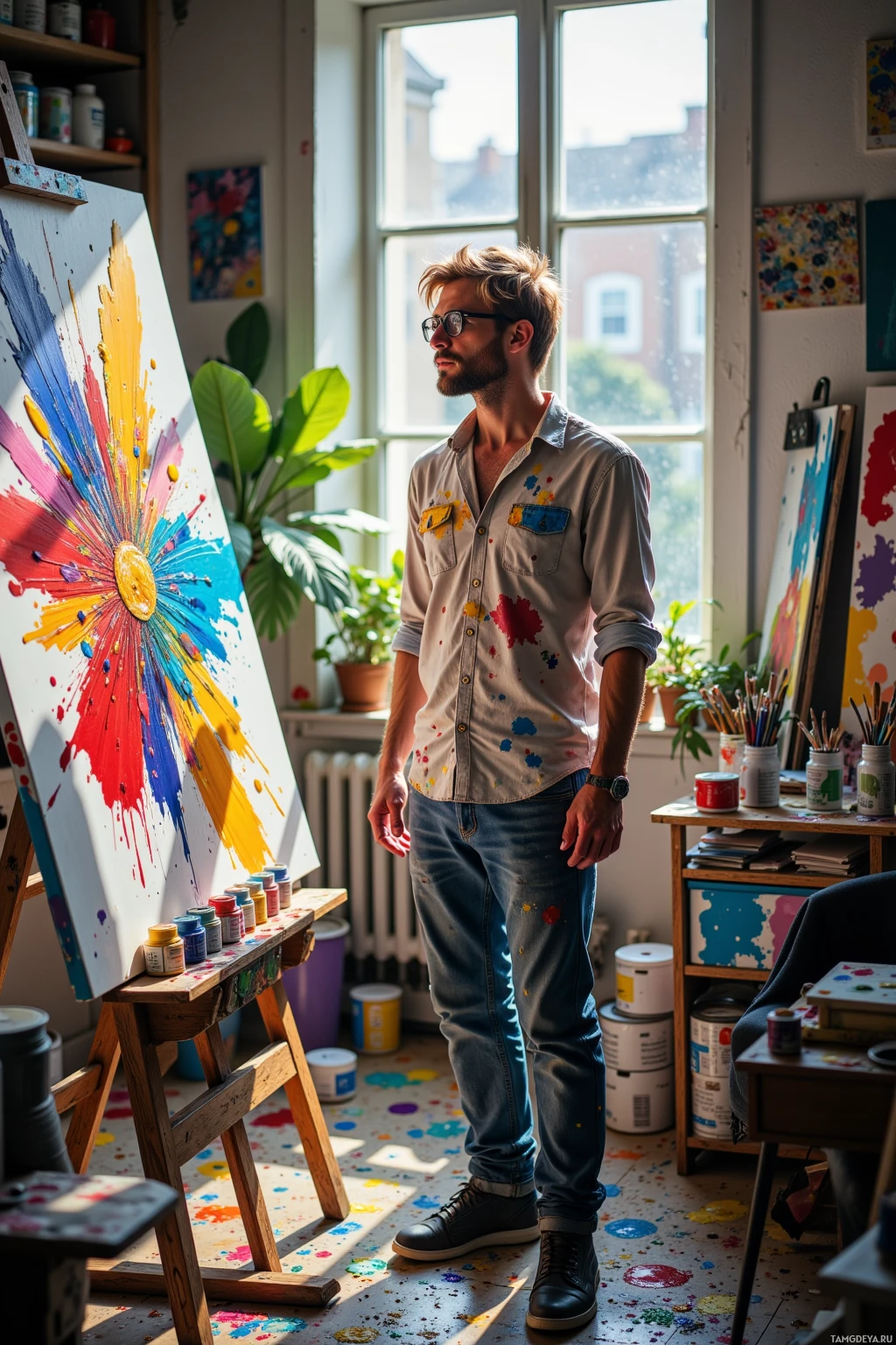 A man stands in an artist's studio, observing a colorful painting on an easel.