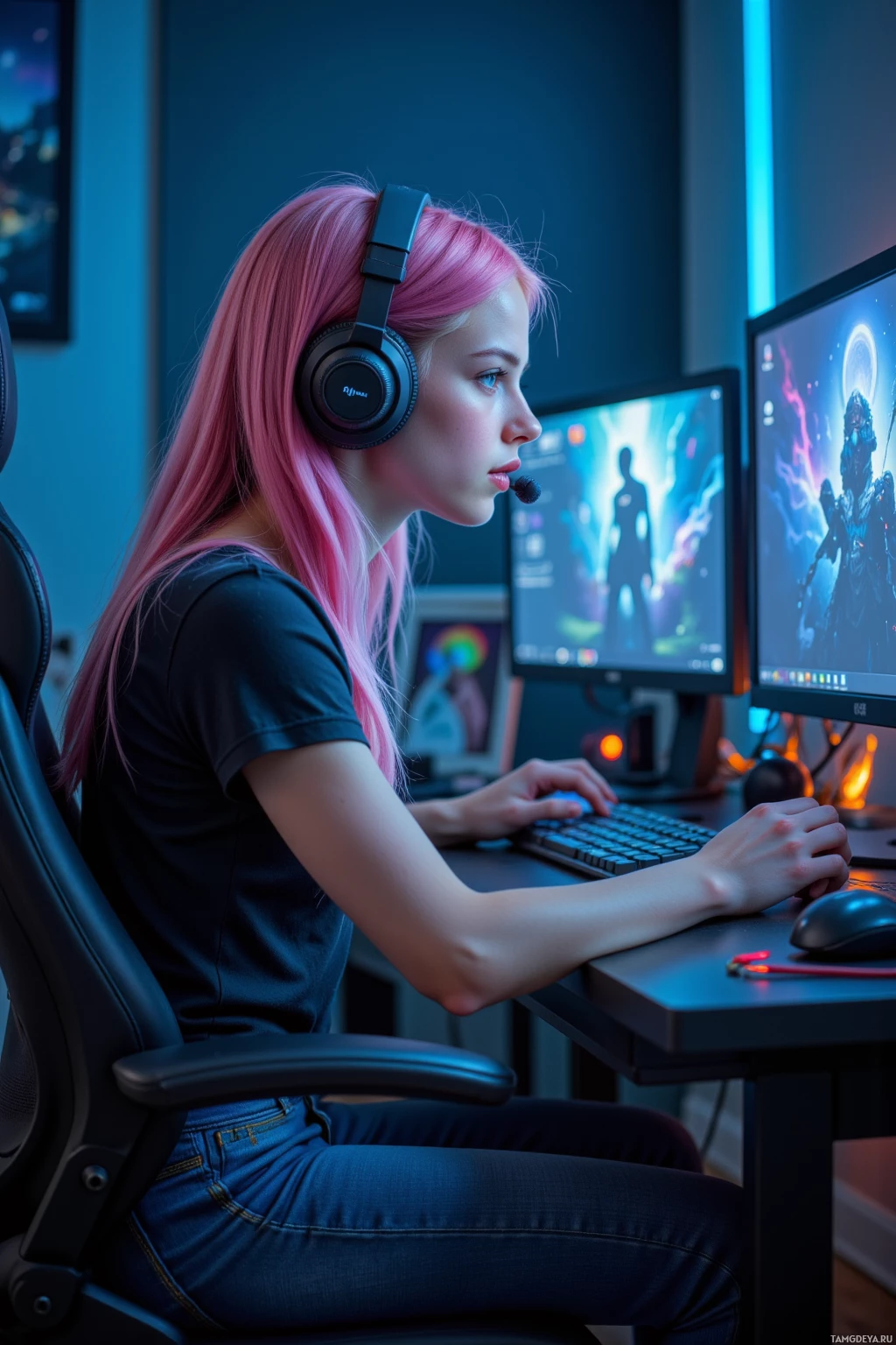 A person with pink hair wearing headphones is seated at a desk, using a computer.