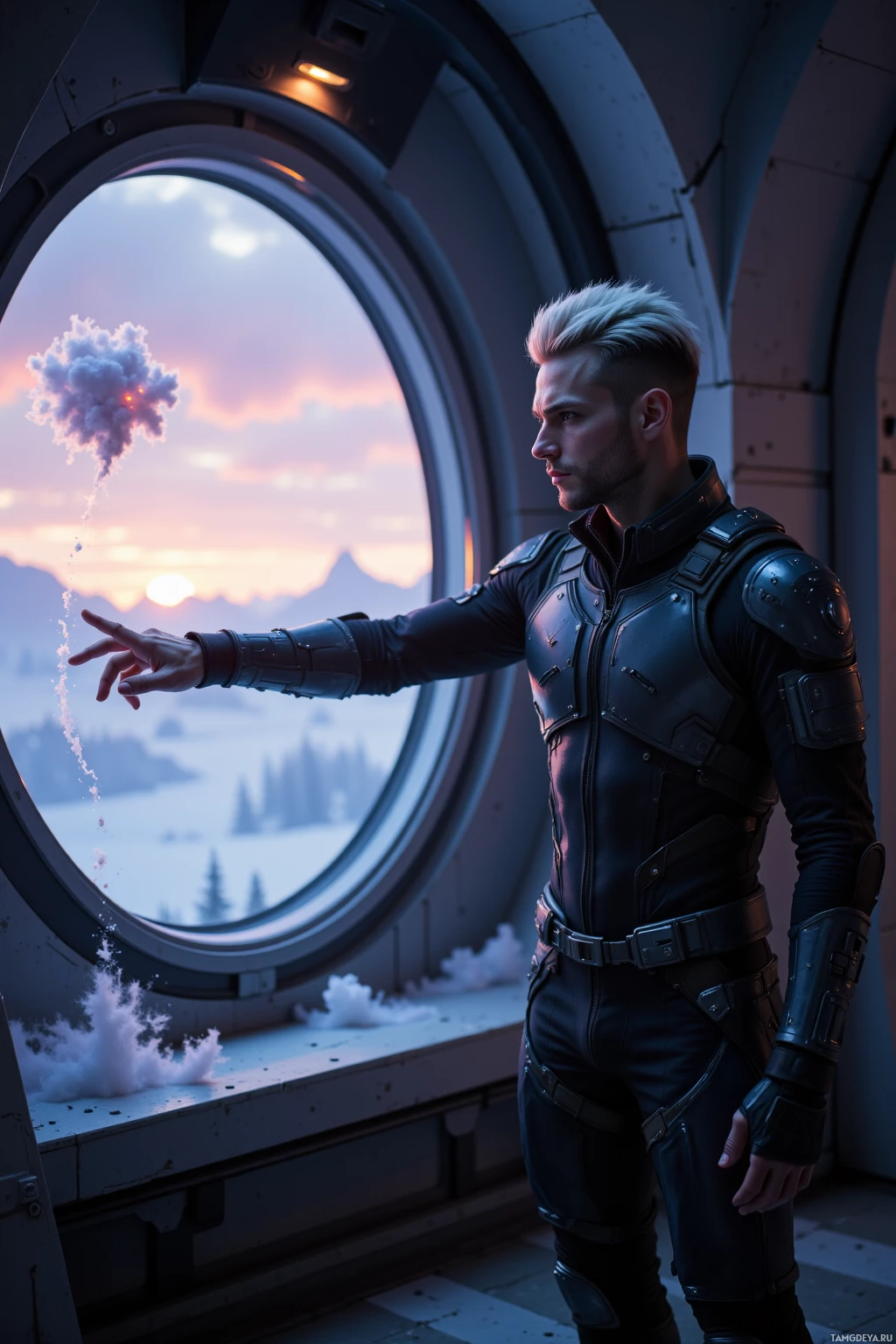 A person in a futuristic outfit stands by a circular window, gazing at a serene landscape outside.