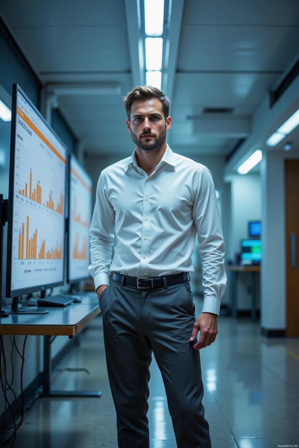 A man in a white shirt and gray pants stands in a modern office hallway.