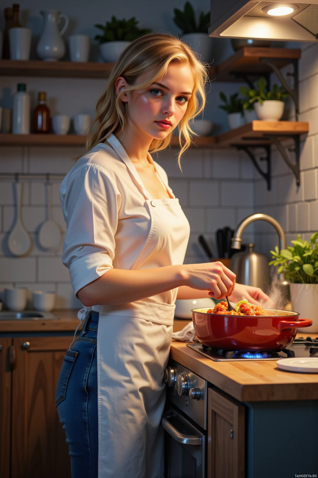 A woman in a kitchen wearing an apron, stirring food in a pot on the stove.