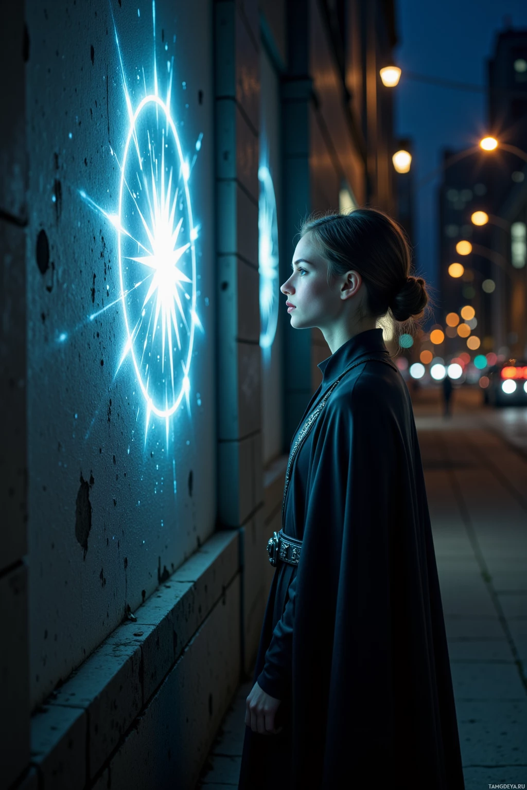 A woman stands on a city street at night, gazing at a glowing, starburst-like light on a wall.