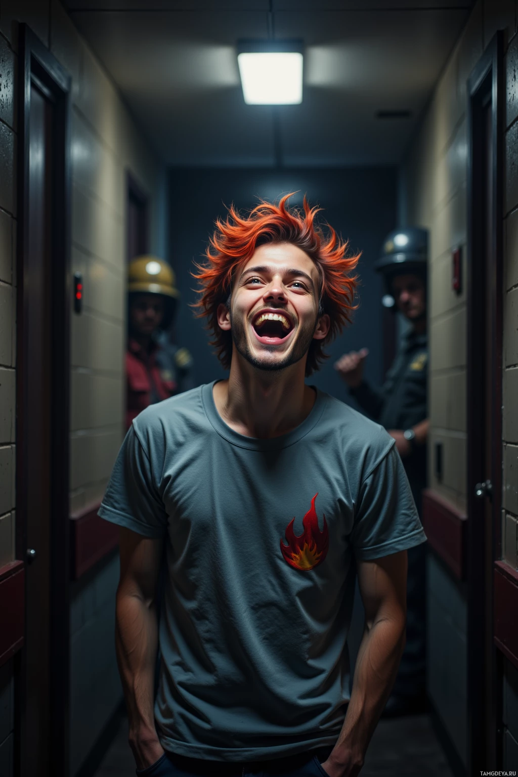 A man with red hair and a flame design on his shirt stands in a hallway.