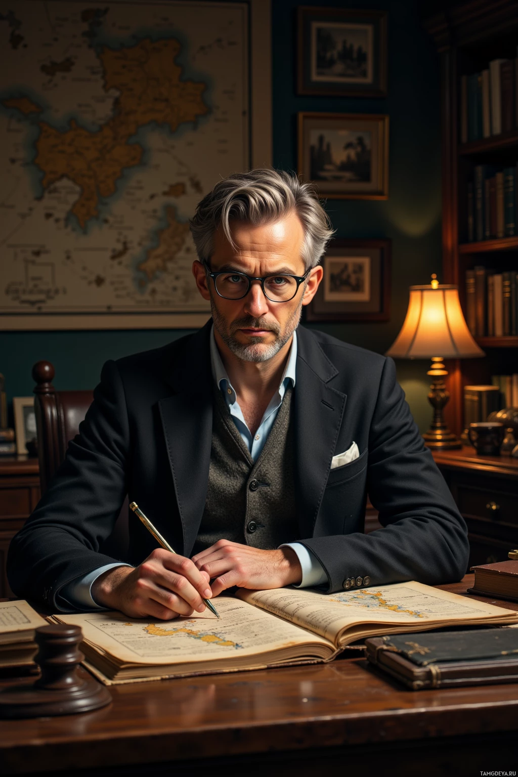 A man in a suit sits at a desk, writing in a book with a pen.