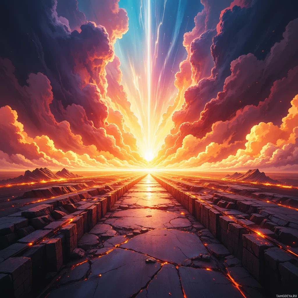 A vibrant sunset scene with a glowing path leading towards the horizon.