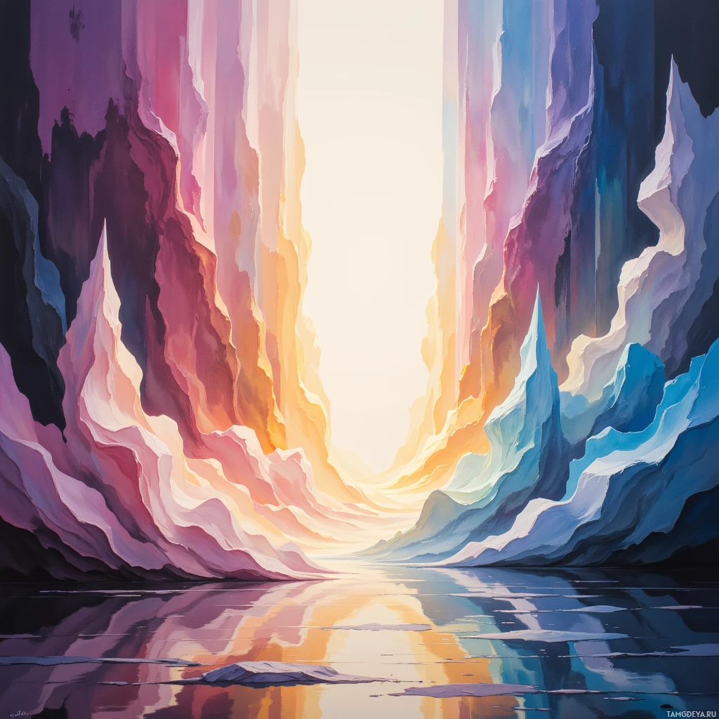 A vibrant, abstract painting featuring a colorful, textured landscape with a glowing light source in the background.