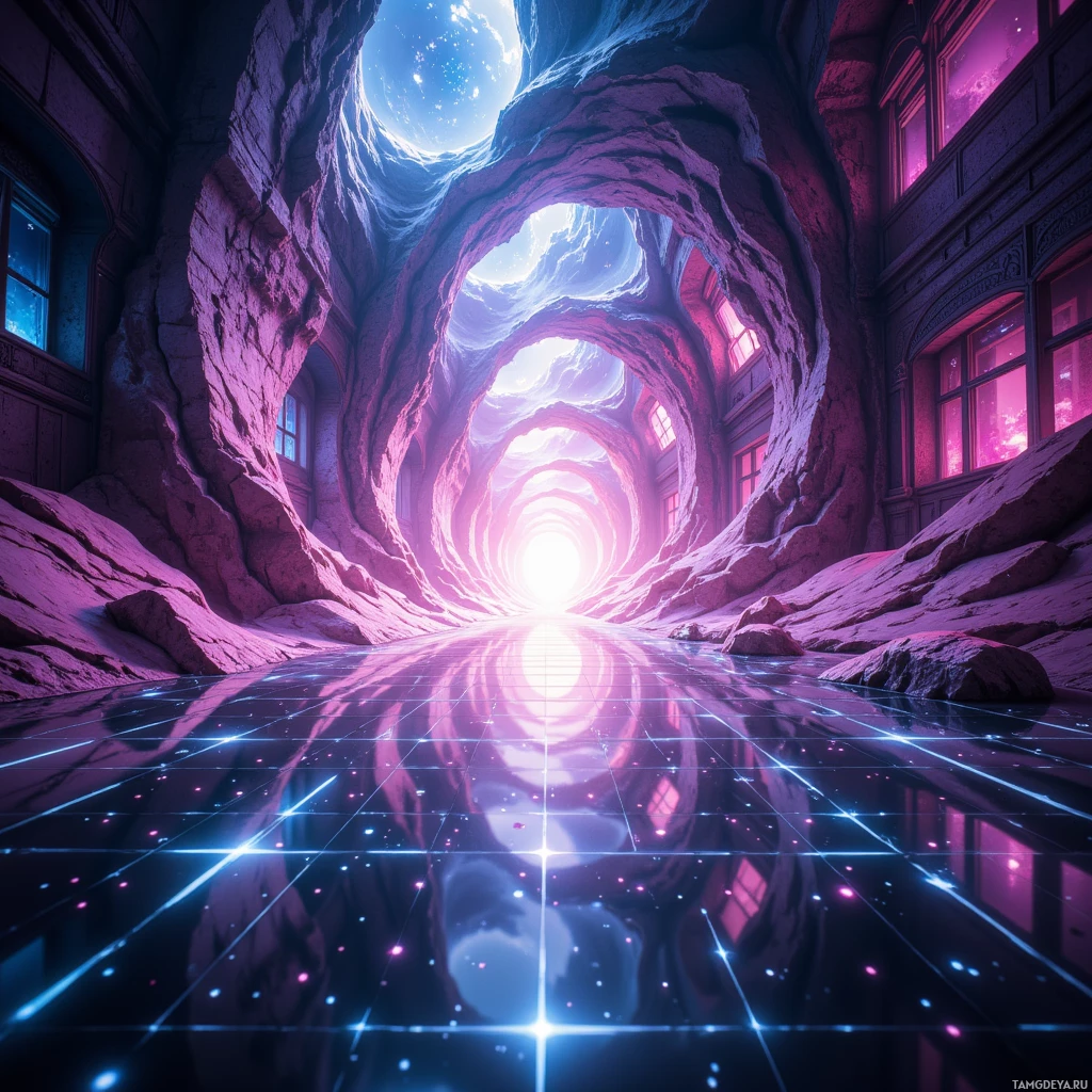 A surreal, glowing tunnel with a cosmic sky and reflective floor.