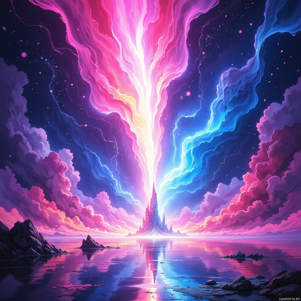 A vibrant, fantastical landscape featuring a glowing mountain peak surrounded by swirling clouds and a reflective body of water.