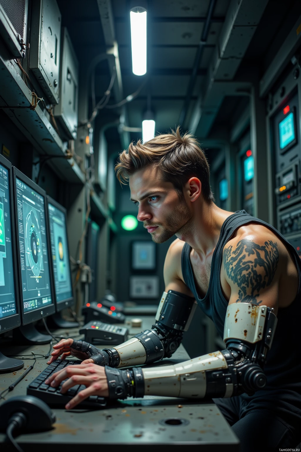A man with a robotic arm works at a computer in a dimly lit, industrial setting.