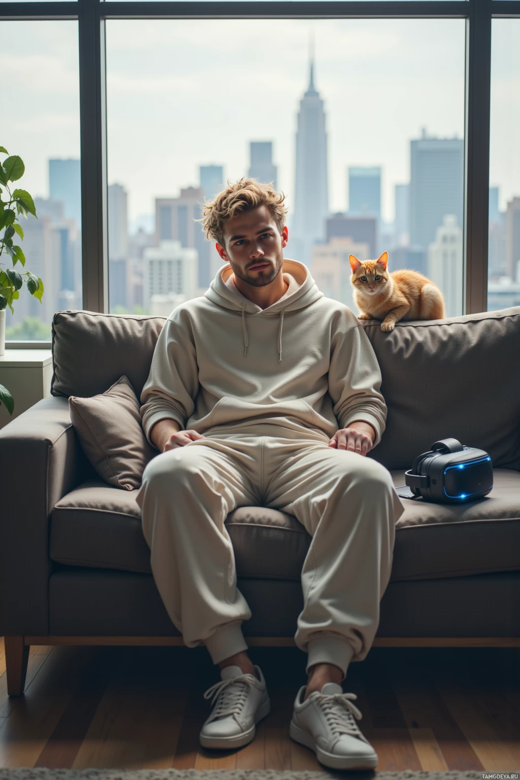 A person sits on a couch with a cat, overlooking a cityscape.