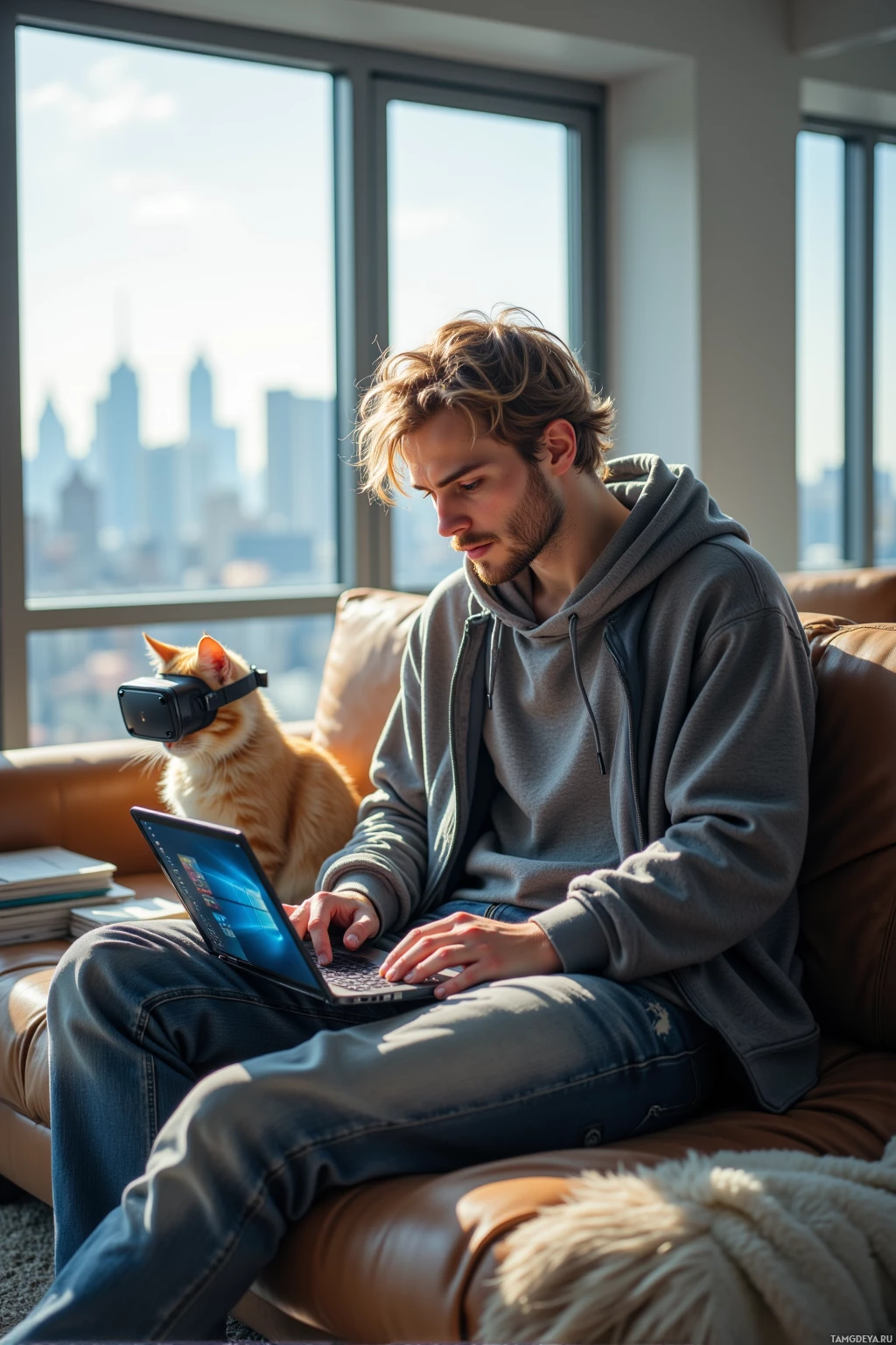 A man sits on a couch using a laptop with a cat sitting beside him.