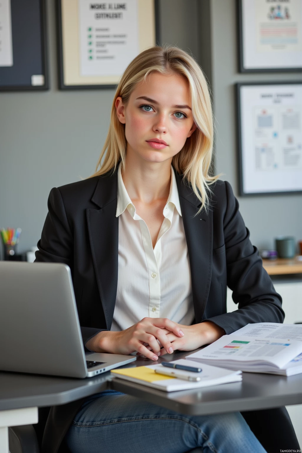 A woman in a professional setting, seated at a desk with a laptop and documents, wearing a black blazer and white shirt.