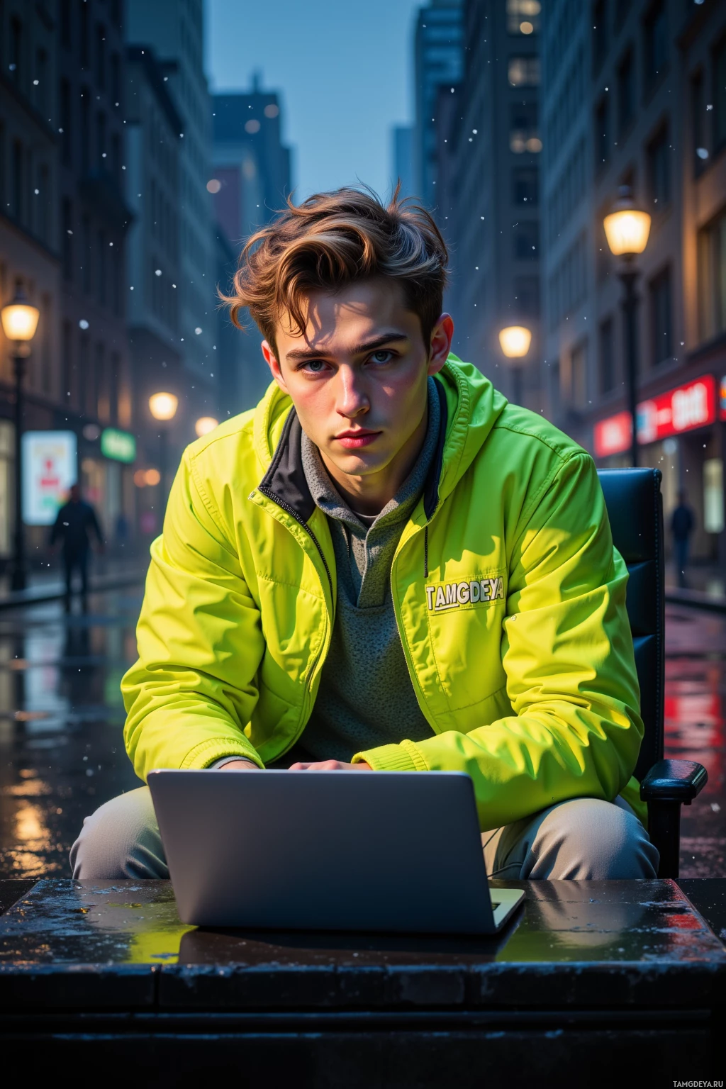 A person in a bright green jacket sits at a table outdoors, using a laptop.