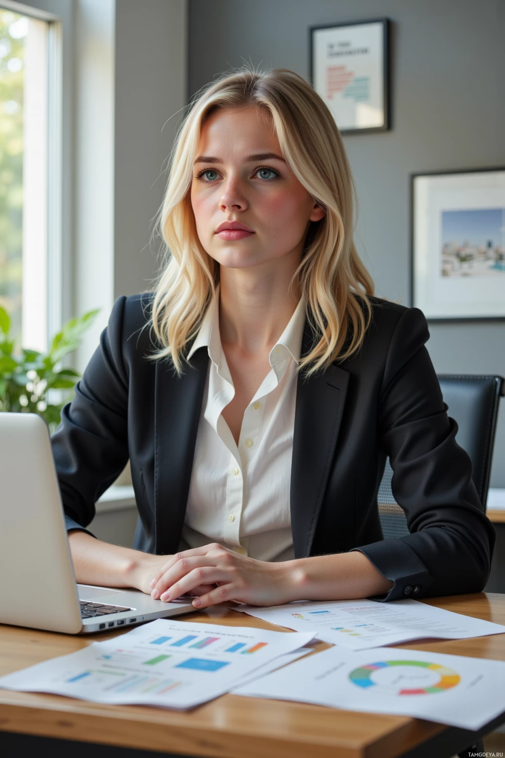 A woman in a professional setting, seated at a desk with a laptop and documents.