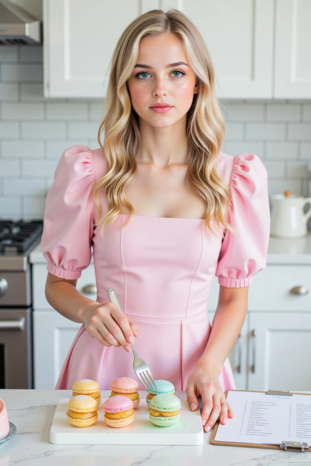 A woman in a pink dress stands in a kitchen, holding a fork over a plate of colorful macarons.