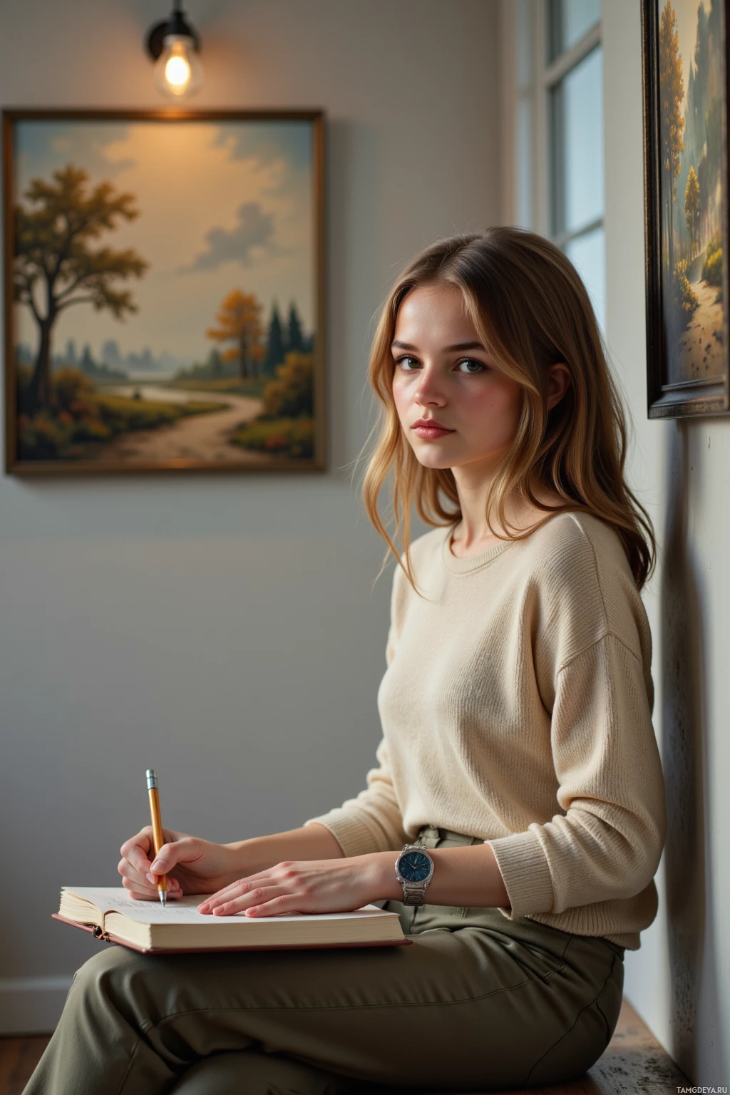 A woman sits on a windowsill, writing in a notebook with a pencil.