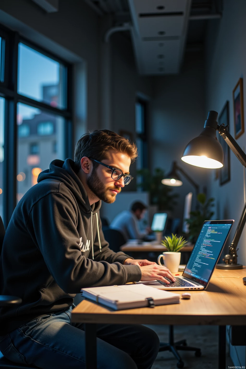 A person wearing glasses works on a laptop in a modern office setting.