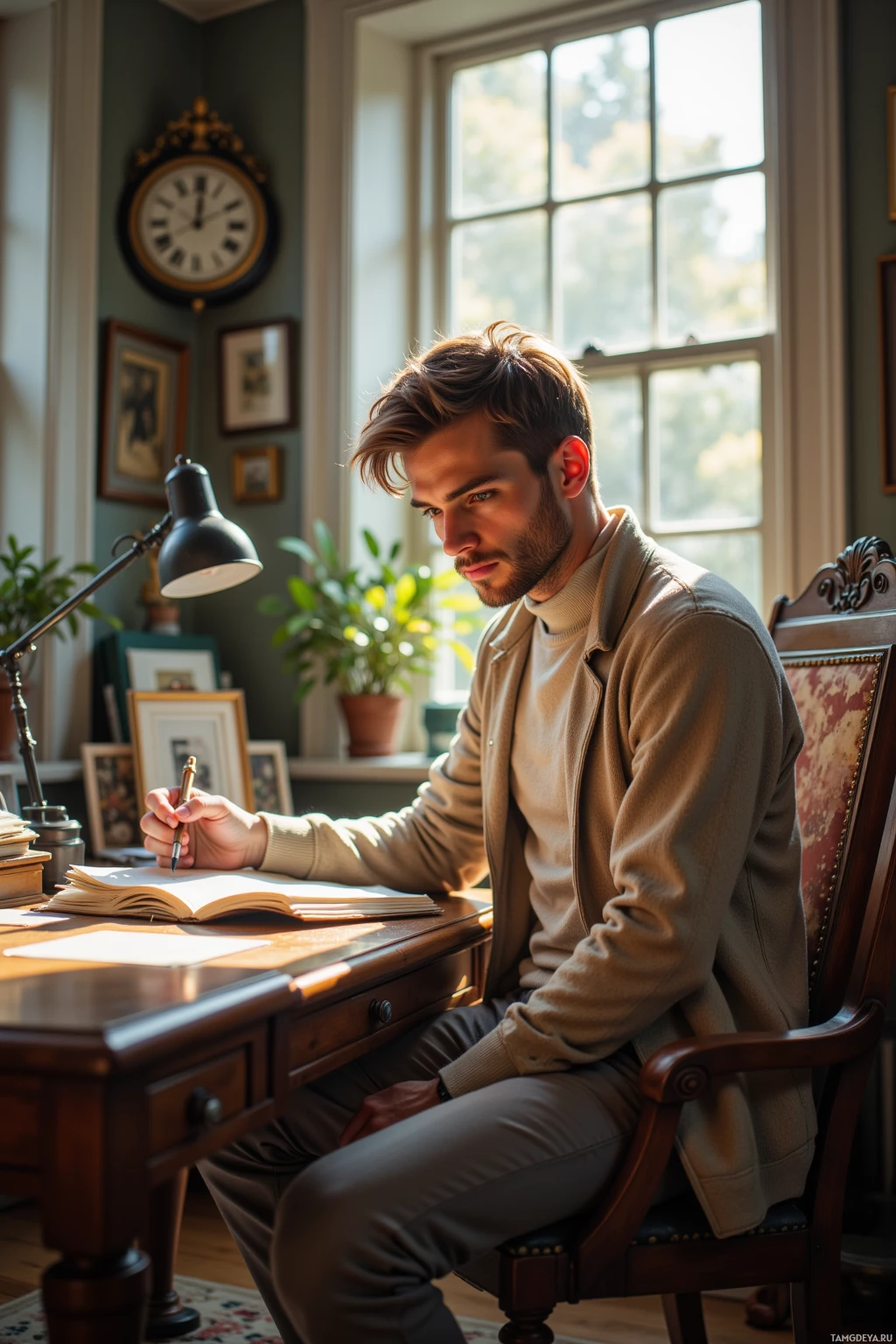 A man sits at a desk in a well-lit room, writing in a notebook.