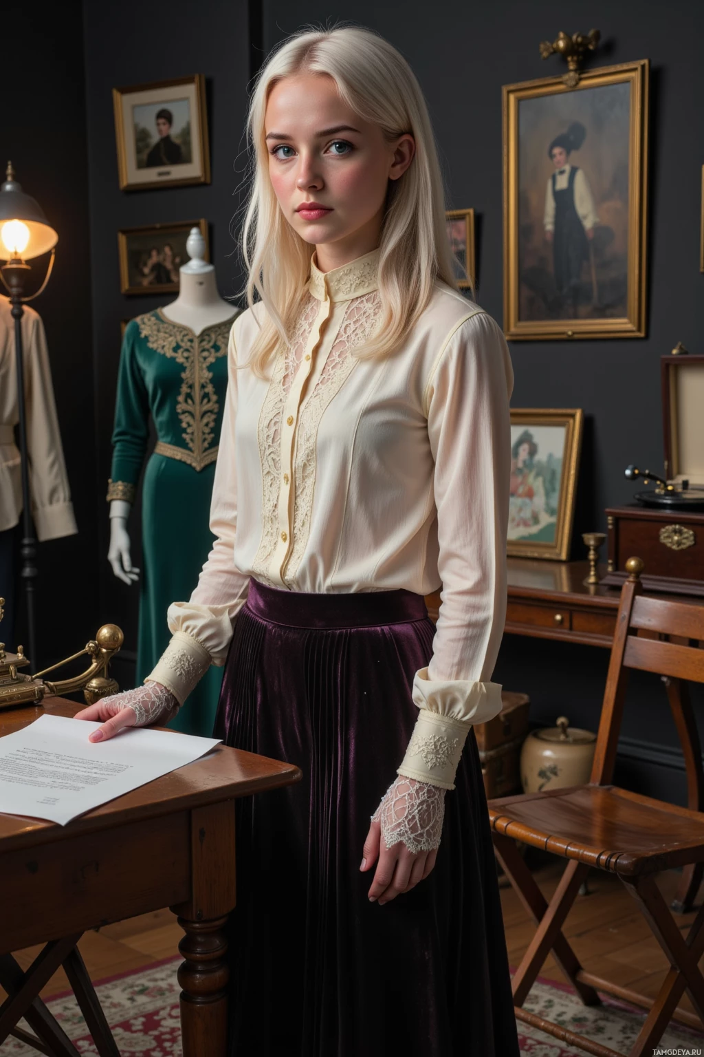 A woman in a vintage-style outfit stands in a room with antique furniture and framed portraits.