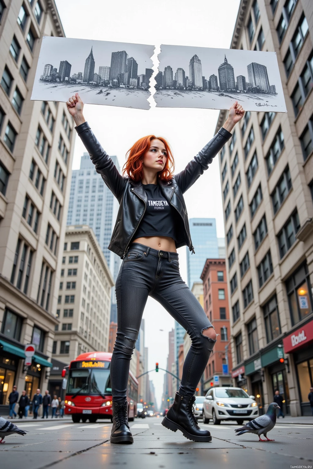 A person stands on a city street holding a large cityscape drawing above their head.