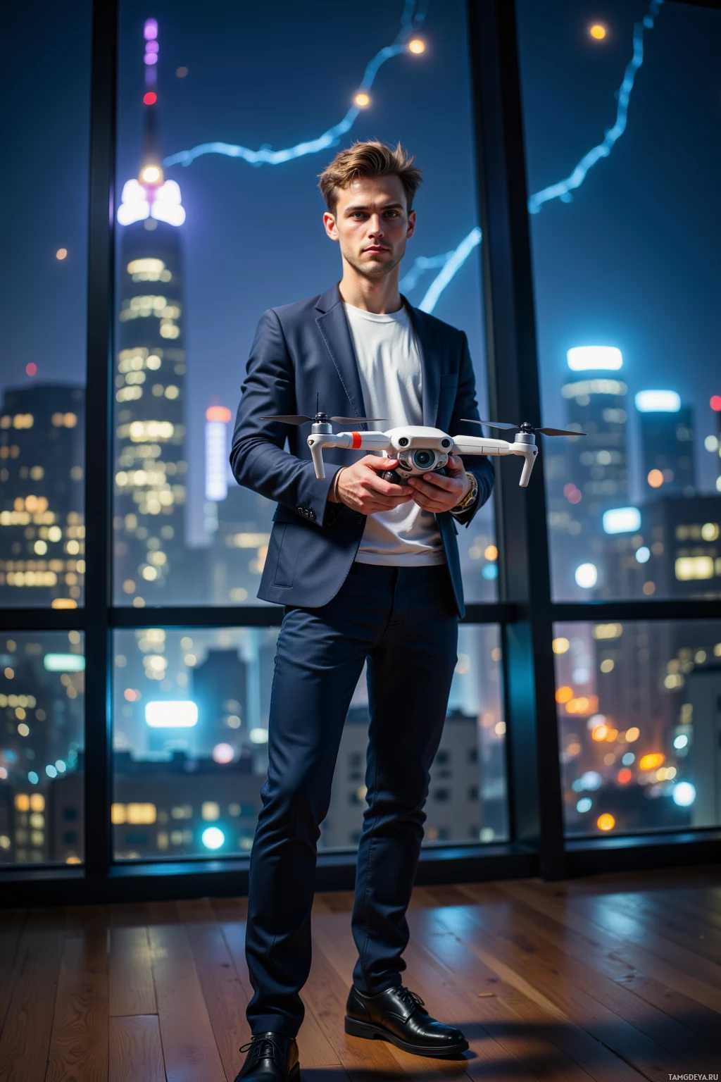 A man stands indoors holding a drone, with a cityscape at night visible through large windows behind him.