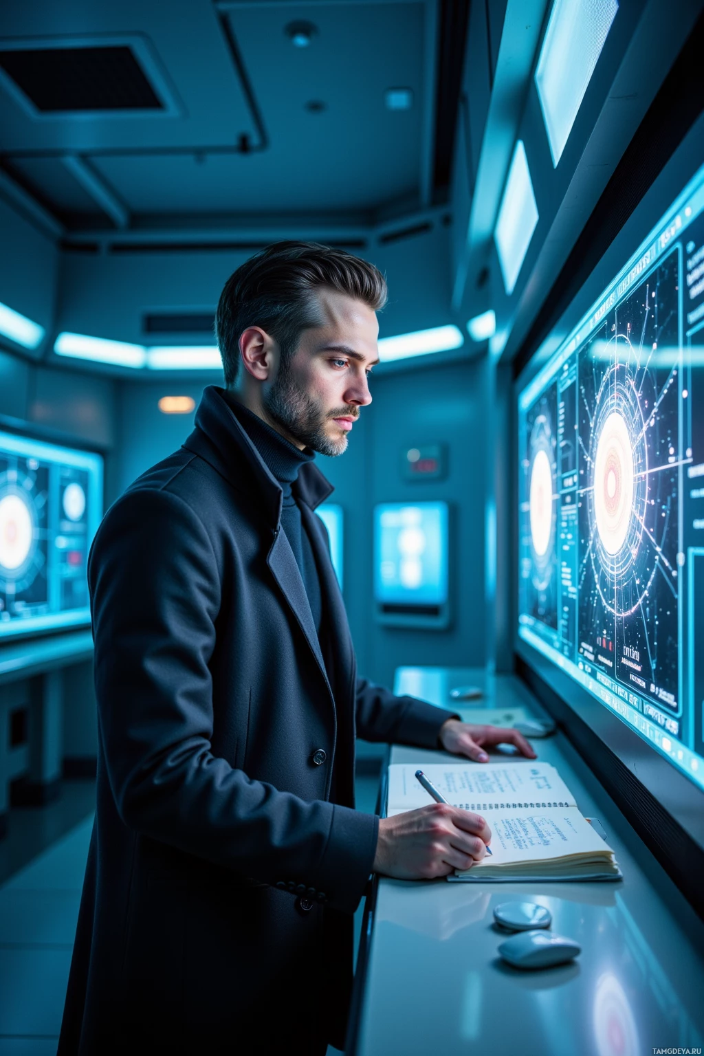 A man in a dark coat is working at a futuristic control panel, taking notes.