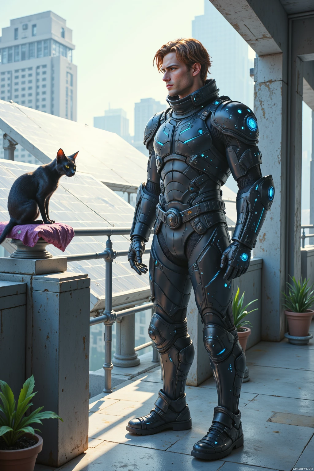 A person in futuristic armor stands on a rooftop with a black cat nearby.