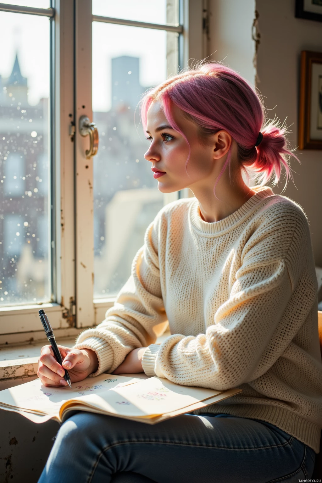 A person with pink hair sits by a window, holding a pen and looking out.