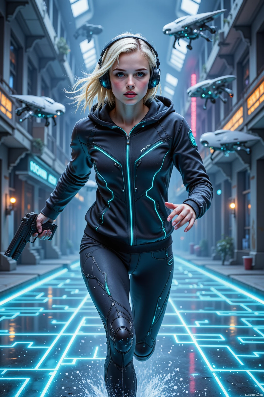 A futuristic woman in a black outfit with glowing blue lines walks down a neon-lit alleyway.