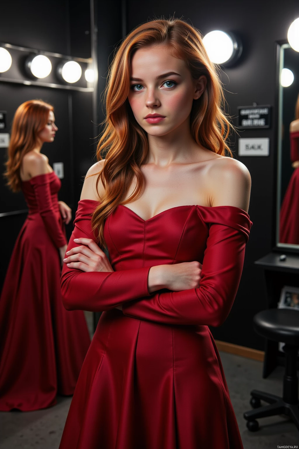 A woman in a red off-shoulder dress stands in a dressing room with her arms crossed.