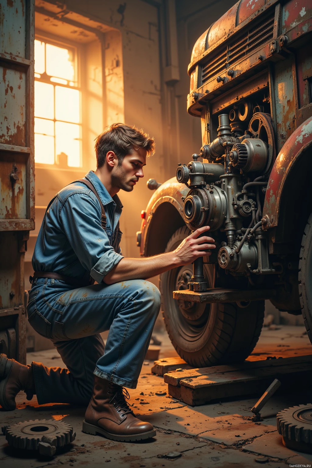 A man in a denim shirt and overalls works on a rusted vehicle in a dimly lit workshop.