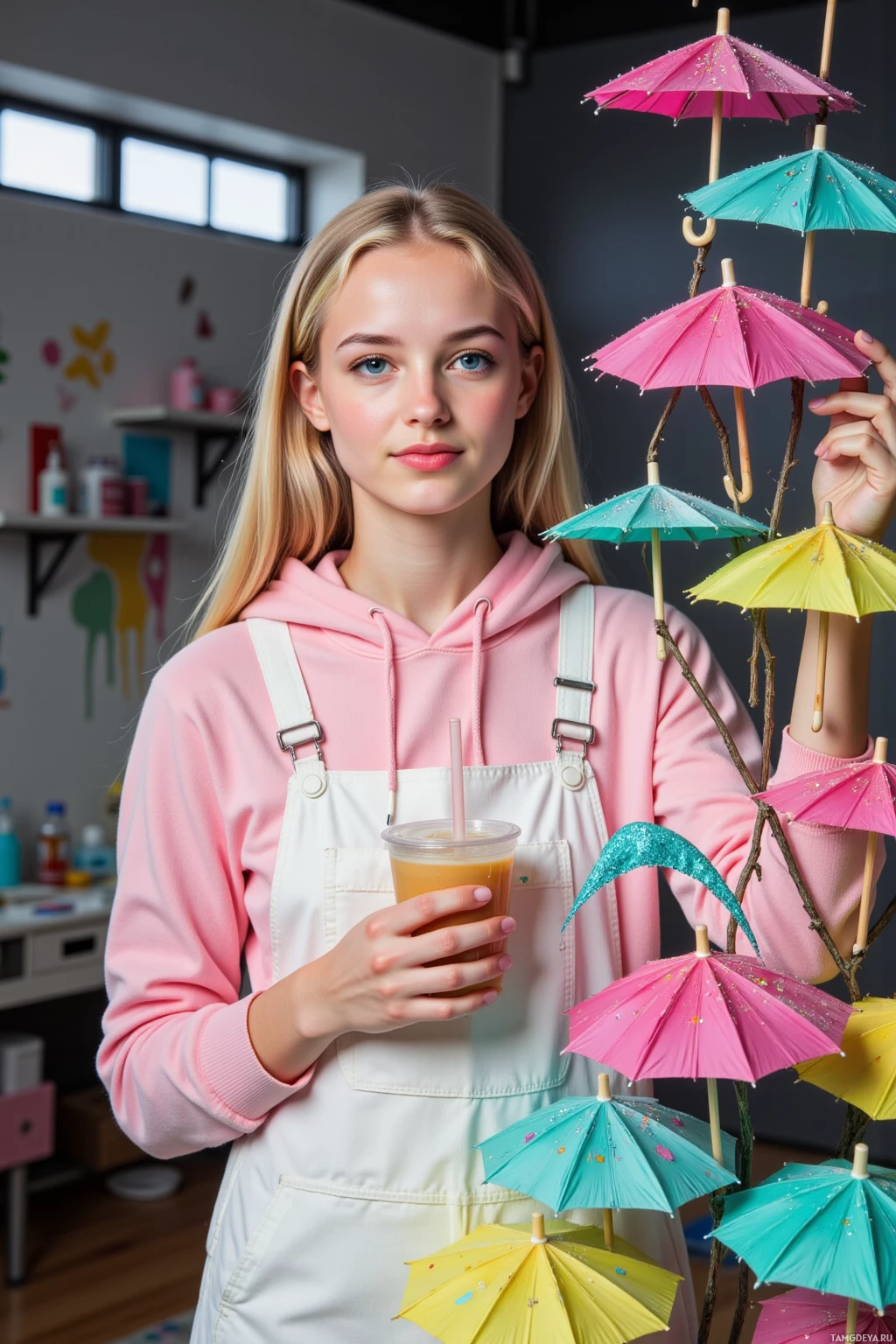 A person in a pink hoodie and white apron holds a drink and interacts with a decorative arrangement of colorful umbrellas.