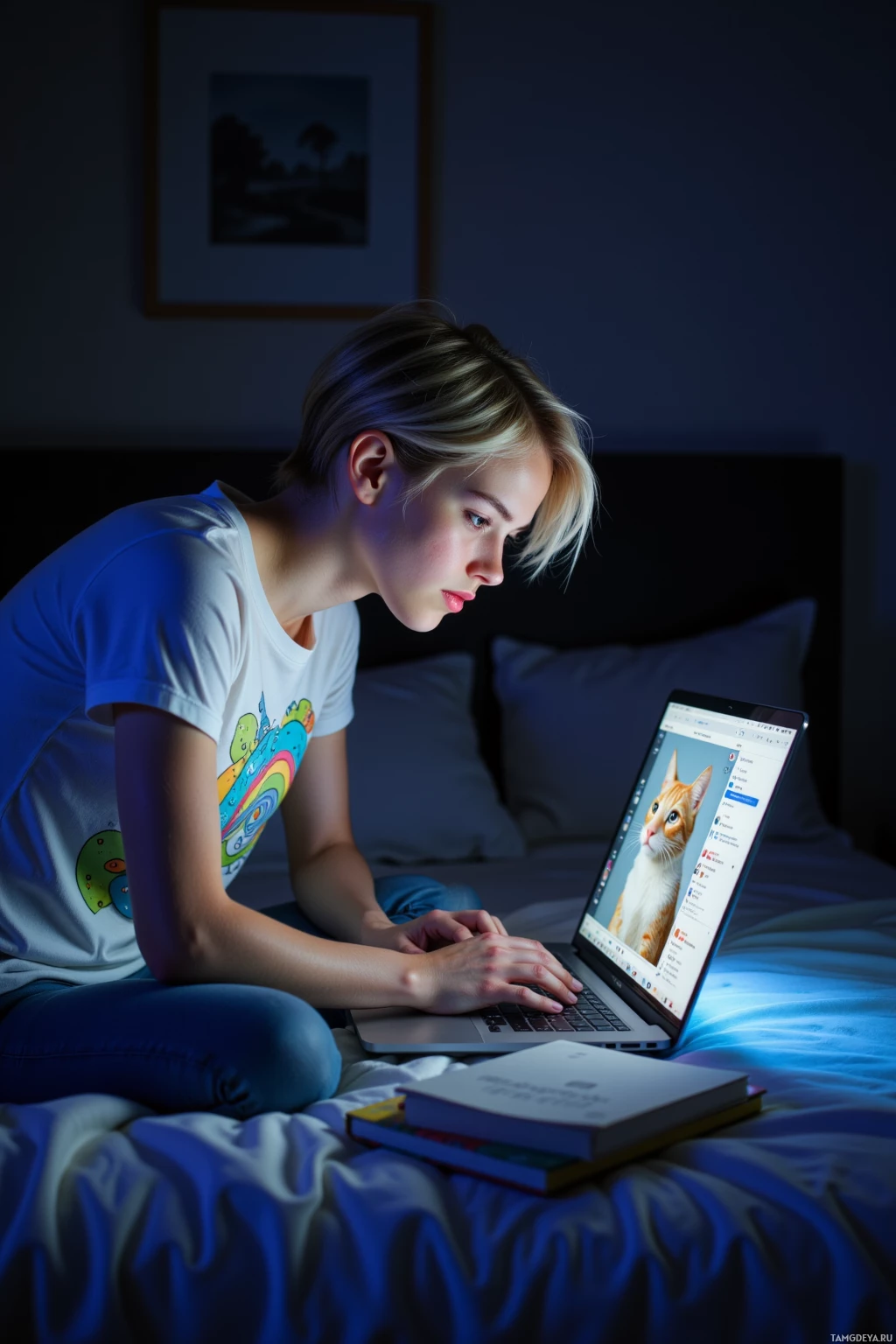 A person is sitting on a bed, using a laptop with a cat image on the screen.